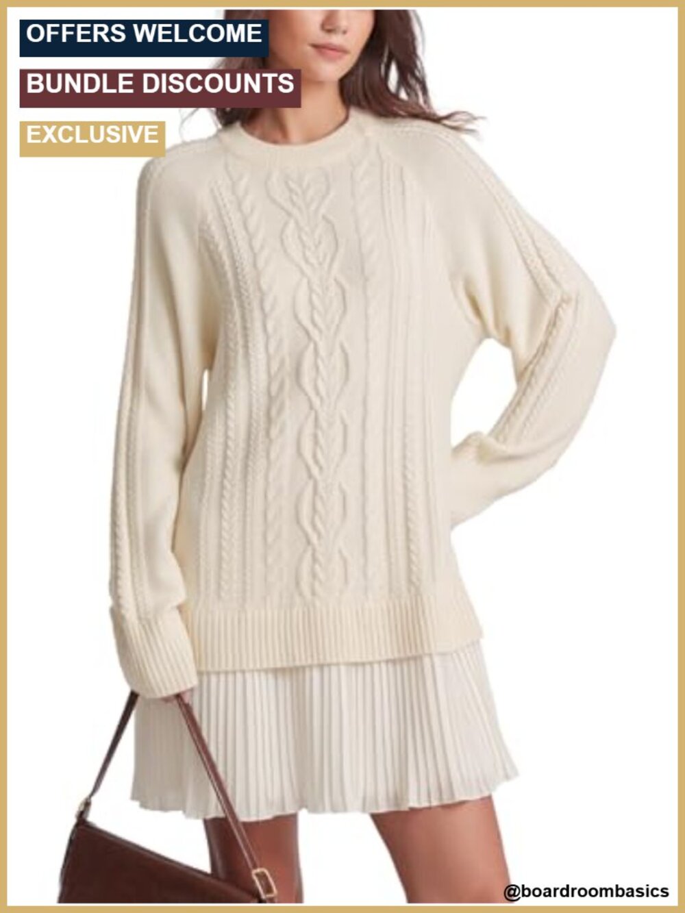Cable Knit Sweater Dress Long Sleeve Crewneck Mini Pleated Patchwork